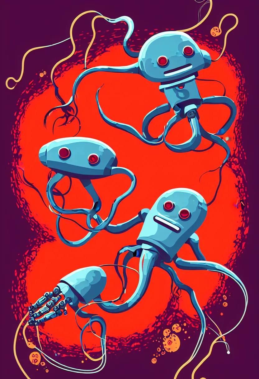 Image similar to a robot squid floats swims through a cloud of blood, concert poster for band named fingers, vector art, 8 k, highly detailed illustration