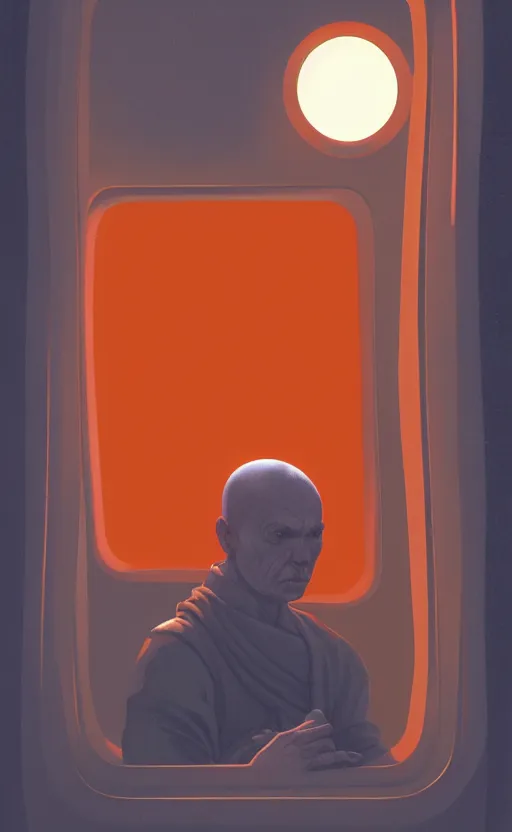 Image similar to portrait of a blind monk in a spaceship, looking out the window, orange robe, dramatic lighting, artstation, matte painting, ralph mcquarrie