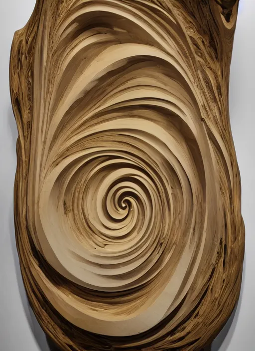 Prompt: sculpture of the endless transcendence of recursion, solid fluid fractals of celestial ivory, museum piece, museum display, back - lit, wooden cabinet