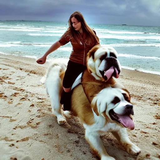 Prompt: girl riding a giant saint Bernard at the beach catching a frisbee, trending on artstation