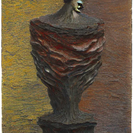 Prompt: a detailed, impasto painting by shaun tan and louise bourgeois of an abstract forgotten sculpture by ivan seal and the caretaker, 1 9 0 0