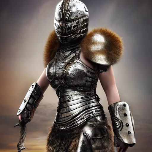 Image similar to female warrior with metal jaguar armour, highly detailed, 4k, HDR, smooth, sharp focus, hyper realistic, high resolution