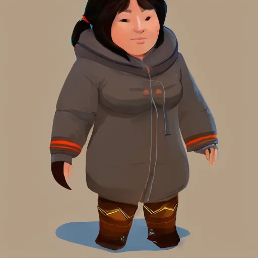 Image similar to a young inuit woman with chubby cheeks. she's wearing a winter coat and has a pet dog standing beside her. artstation, character concept, sharp focus