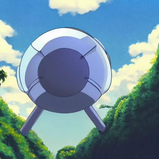 Image similar to an asymmetrical cell - shaded studio ghibli concept art study of a huge silver cube ufo in the sky. an elegant alien is on the ground. very dull colors,, hd, 4 k, hq