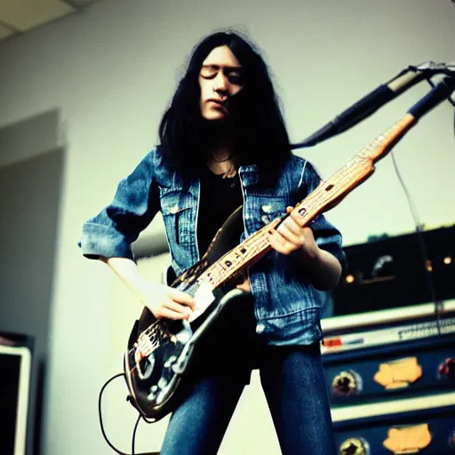 Image similar to 19-year-old girl with long shaggy black hair, wearing denim jacket and bell-bell-bottom jeans, playing electric guitar, stoner metal concert, heavy blues rock, doom metal, 30mm photography