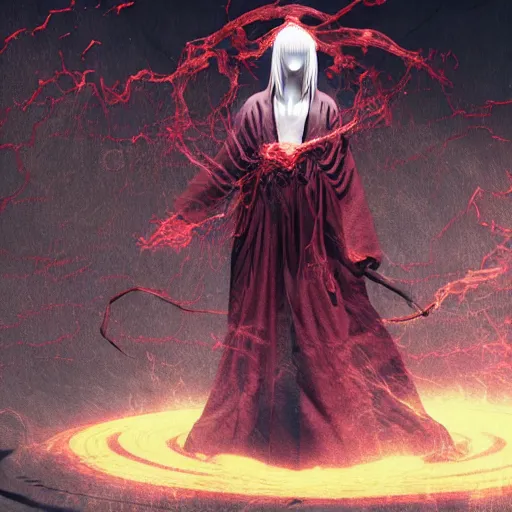 Prompt: A necromancer pulsing with necrotic energy, Art by Takato Yamamoto, power auras, sigils, tattered cloth robes, substance 3d painter, PBR textures, Physical based rendering, cinematic, hyper realism, high detail, octane render, unreal engine, 8k, Vibrant colors, Smooth gradients, High contrast, depth of field, aperture f2.8