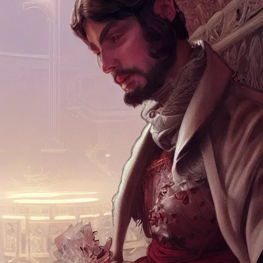 Prompt: julius Ceasar showing thumb down, intricate, elegant, highly detailed, digital painting, artstation, concept art, smooth, sharp, focus, illustration, art by artgerm and greg rutkowski and alphonse mucha