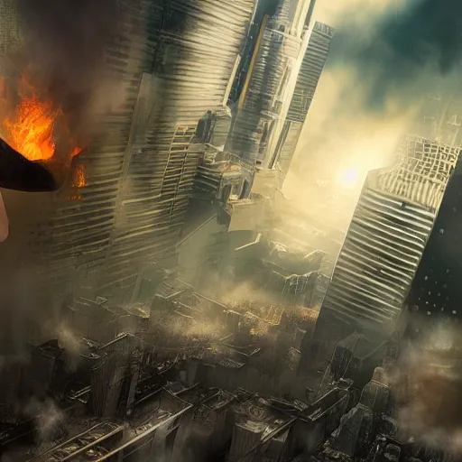 Prompt: metallic android carrying a sleeping child, emerging from fire and smoke, background of futuristic cityscape, buildings on fire, no blur, very detailed, realistic photo, nighttime