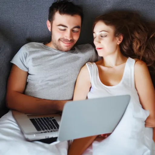 Image similar to man and woman in bed working on their laptops