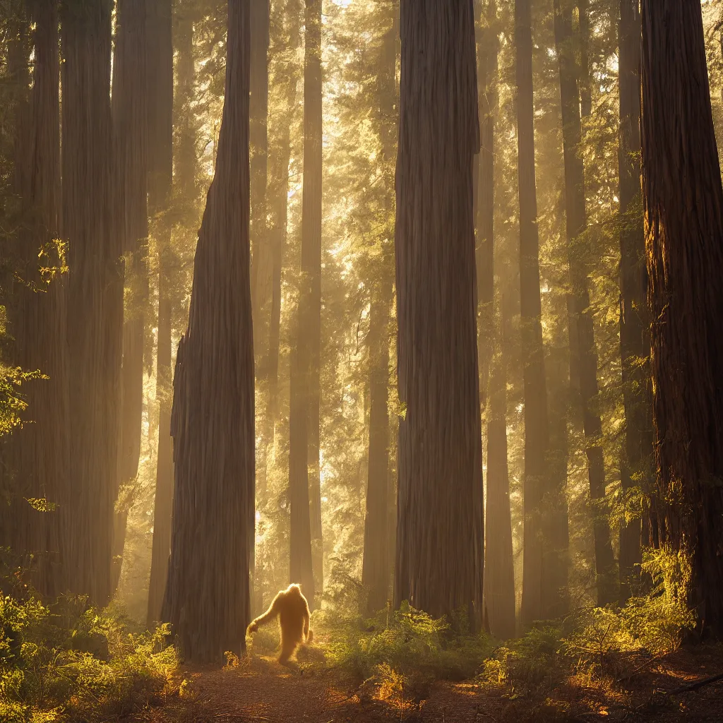 Prompt: bigfoot walking in the california redwoods, golden hour, illuminated fog, award winning photography, 2 0 0 mm, f 2. 8, 8 k