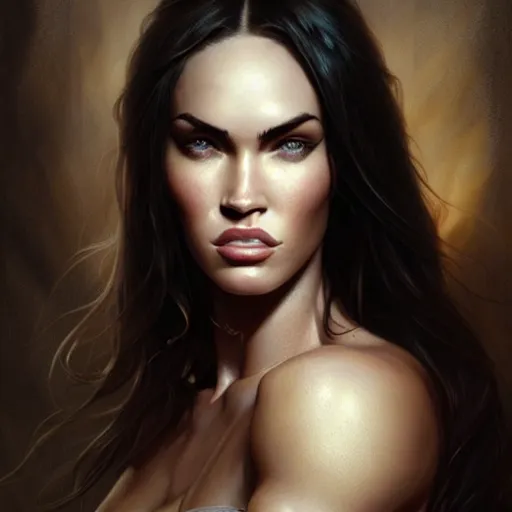 Image similar to portrait of megan fox, muscular upper body, fantasy, intricate, elegant, highly detailed, digital painting, artstation, concept art, matte, sharp focus, illustration, art by aenaluck and roberto ferri and greg rutkowski, epic fantasy, digital painting