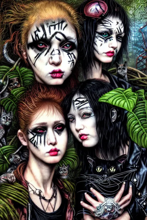 Image similar to punk rock girls kissing and making selfie with black cats in jungle , 1980 style by by Ayami Kojima, mad max jacket, post apocalyptic, Cyberpunk, renaissance, Gothic, mystic, highly detailed, digital painting, 4k, fog, oil painting by Leonardo Da Vinci, hyper realistic style, fantasy by Olga Fedorova