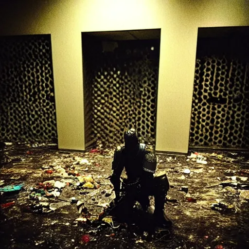 Image similar to “A knight in armor kneeling and praying. The knight is in the center abandoned small server room with server racks and server cables hanging everywhere. The ground of the room is littered and covered with garbage and debris. The walls are filthy. It is dark and there are no lights. Amateur photo. Flash photo.”