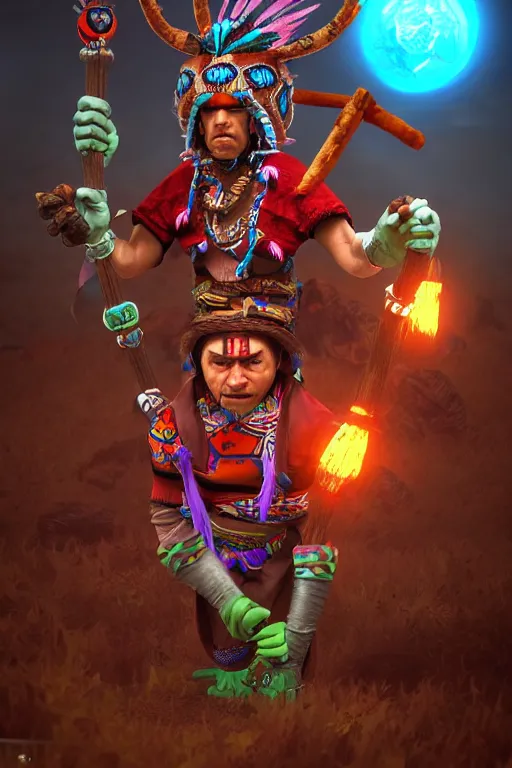 Image similar to Metroidvania game, character design, angry indigenous Inca Peruvian magician shaman. Cartoony,, hyper realist cinematic shot, by Kurtis Dawe and Nicolas Saviori , trending on Artstation and Unreal engine.