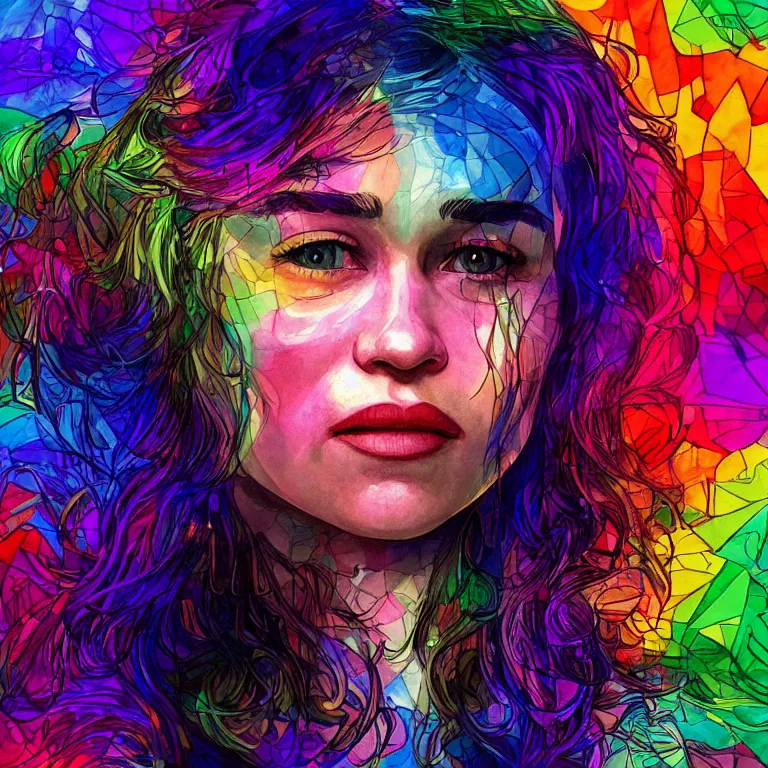 Image similar to Emilia Clarke, beautiful digital art, trippy rainbow art