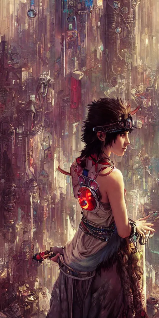 Image similar to hyper realistic Princess Mononoke with her mask, busy cyberpunk metropolis, city landscape, jewels, style of tom bagshaw, mucha, james gurney, norman rockwell, denoised, sharp