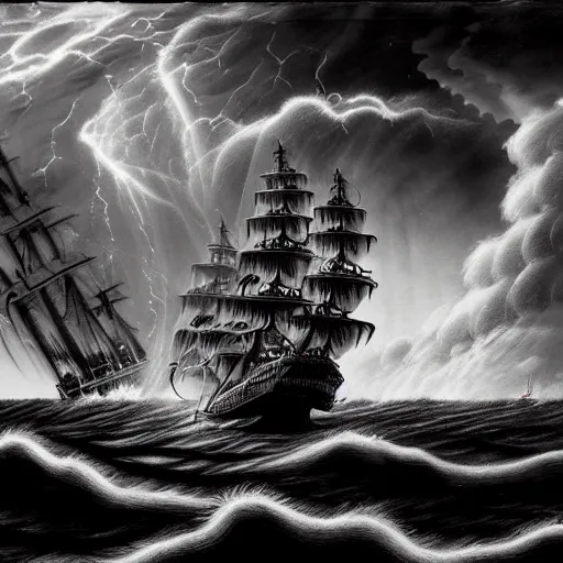 Prompt: a highly detailed hyperrealistic scene of a ship being attacked by giant squid tentacles, jellyfish, squid attack, dark, voluminous clouds, thunder, stormy seas, pirate ship, dark, high contrast, black and white, red, fiery storm