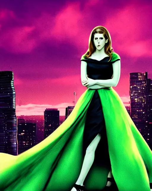 Prompt: Rachel Walpole art, David Villegas, cinematics lighting, beautiful Anna Kendrick supervillain, green dress with a black hood, angry, symmetrical face, Symmetrical eyes, full body, flying in the air over city, night time, red mood in background