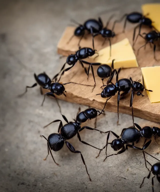 Image similar to high quality presentation photo of cute anthropomorphic black ants eating cheese, photography 4k f1.8 anamorphic bokeh 4k Canon Nikon