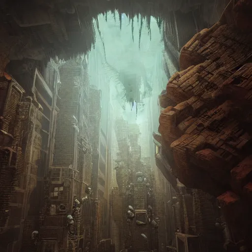 Image similar to inception lovecraft city carved from rock underground another inverted upside down above, artstation, cinematic warm volumetric lighting