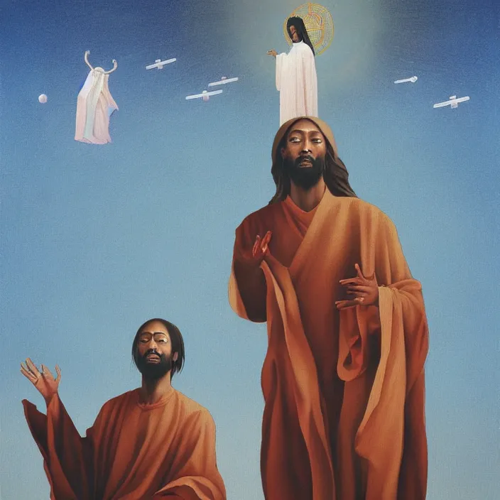 Image similar to various UFOs hovering over an African Jesus, painting by Hsiao-Ron Cheng,