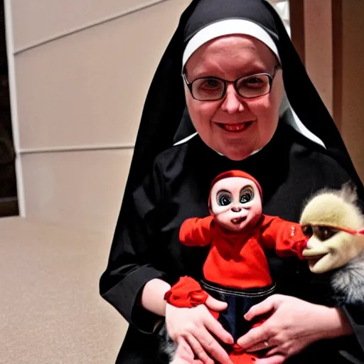 Image similar to a nun in church holding chucky the killer doll on her lap