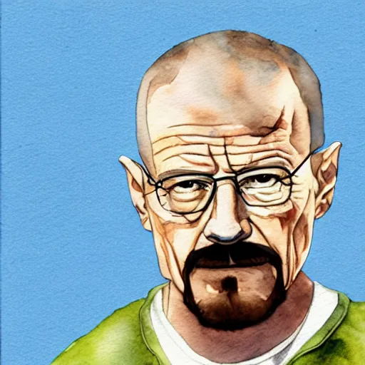 Image similar to a watercolor style paintin of walter white, blue background.