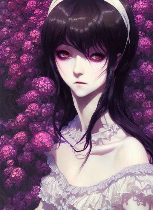 Image similar to portrait of beautiful gothic girl, cute face, intricate, highly detailed, digital painting, official media, anime key visual, concept art, rich vivid colors, ambient lighting, sharp focus, illustration, art by wlop and ilya kuvshinov and makoto shinkai and range murata and gustav klimt