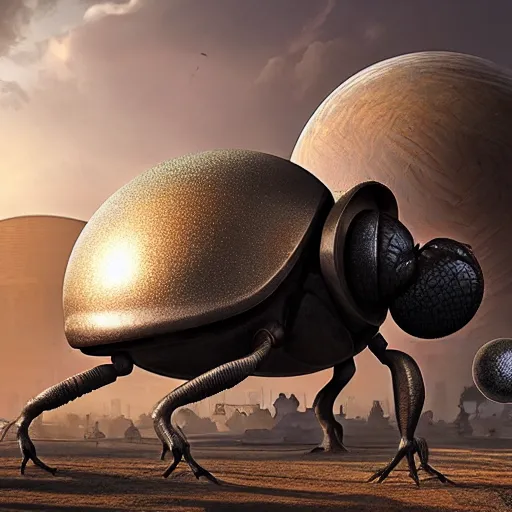 Prompt: a giant dung beetle pushing an equally giant metallic orb through the wastes of an ancient city, photorealistic, ultra detailed, eerie lighting, foggy, deep shadows