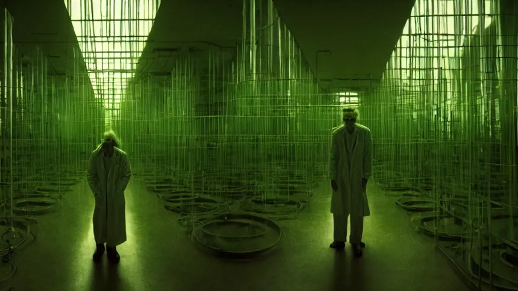 Image similar to a mad scientist in his lab, giant vats of green liquid line the walls, film still from the movie directed by denis villeneuve and david cronenberg with art direction by salvador dali and zdzisław beksinski, wide lens