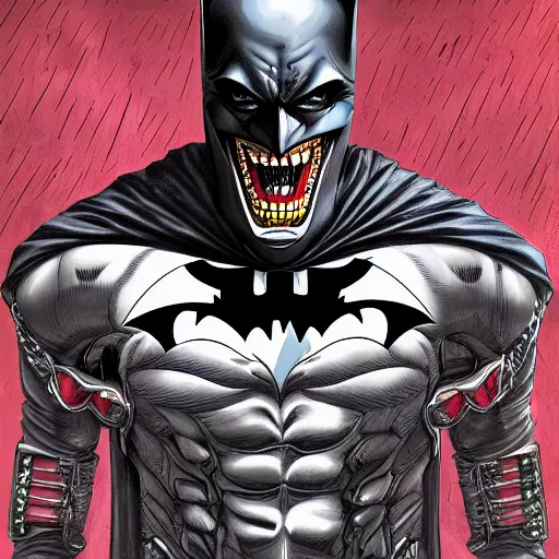 Image similar to the batman who laughs, hyper detailed masterpiece, digital art painting, surrealisme aesthetic,