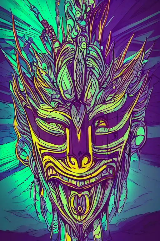 Image similar to totem animal mask tribal feather gemstone plant wood rock shaman vodoo video game vector illustration vivid color borderlands by josan gonzales and dan mumford radiating a glowing aura