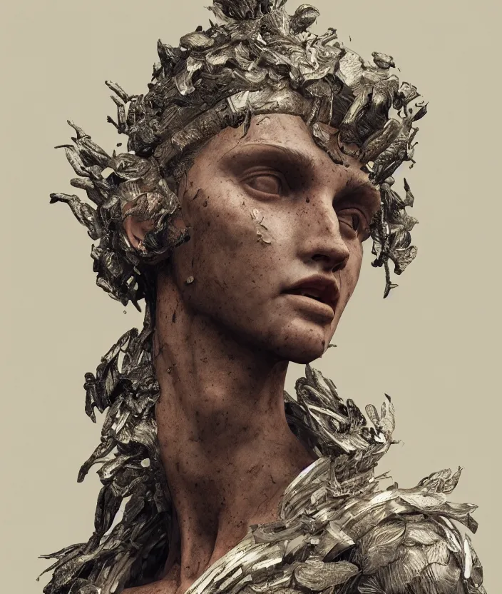 Image similar to a portrait of a stoic statue wearing clothes, aesthetic, naturel, hyper detailed, digital sculpture, trending in artstation, cinematic lighting, studio quality, smooth render, unreal engine 5 rendered, octane rendered, art style by klimt and nixeu and ian sprigger and wlop and krenz cushart