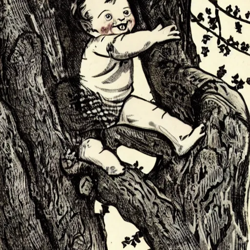 Prompt: baby crawling up a tree with a big grin on its face, in the style of vintage antique illustration and line drawing or engraving