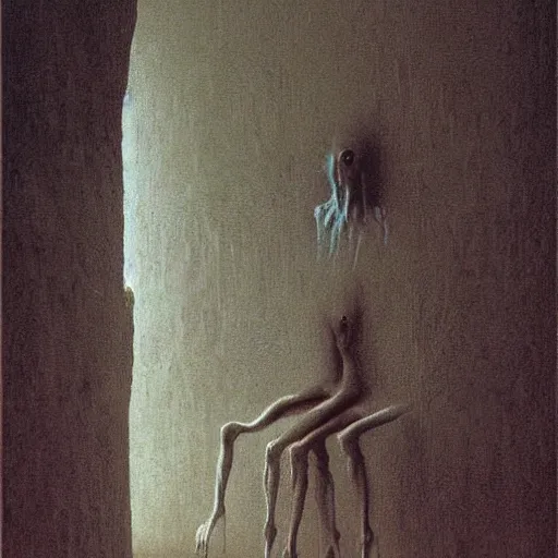 Image similar to scary creature in liminal space backrooms zdzislaw beksinski