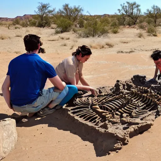 Prompt: Humans finding a skeleton of an unknown species at the desert