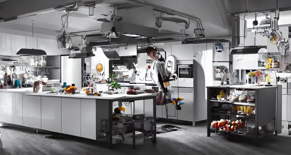 Prompt: IKEA catalogue photo of a cyberpunk kitchen on a spaceship, by Takashi Murakami