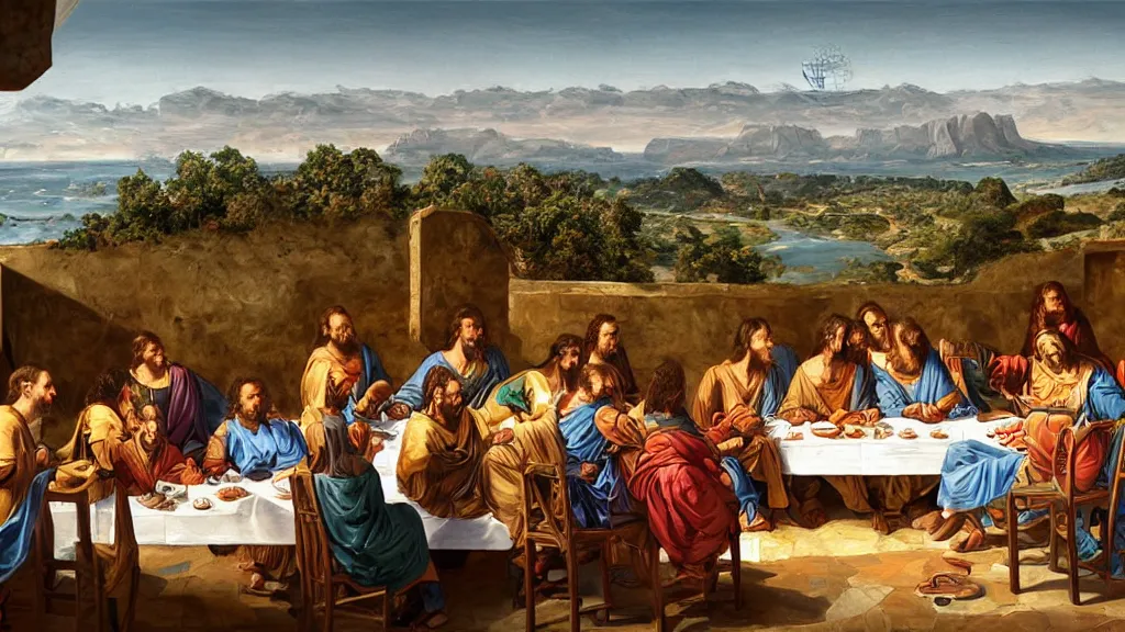 Image similar to the last supper, outside a typical portuguese house, far view, with typical algarve landscape in the back, sunny morning, matte painting, oil canvas, photorealistic illustration, extreme detail, hyper realistic, highly detailed, digital art