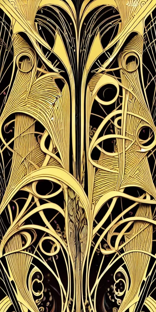 Image similar to the source of future growth dramatic, elaborate emotive Art Nouveau styles to emphasise beauty as a transcendental, seamless pattern, symmetrical, large motifs, hyper realistic, 8k image, 3D, supersharp, Flying shiny silk fabric in Art nouveau curves spirals and swirls, iridescent and black and gold colors , perfect symmetry, iridescent, High Definition, sci-fi, Octane render in Maya and Houdini, light, shadows, reflections, photorealistic, masterpiece, smooth gradients, no blur, sharp focus, photorealistic, insanely detailed and intricate, cinematic lighting, Octane render, epic scene, 8K