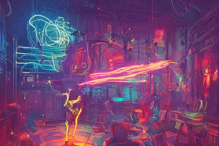 Prompt: magical sorcerer dances with bolts of electricity, digital art, intricate, dramatic lighting, neon colors, cinematic, art by jakub rebelka