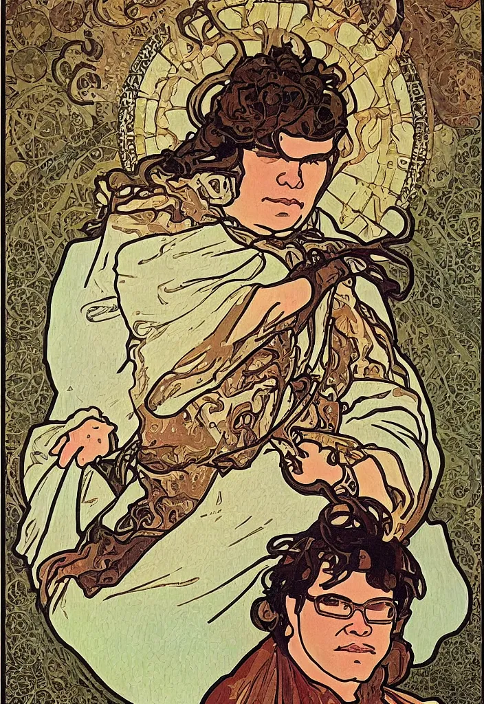 Image similar to Yann LeCun sitting on the throne on a tarot card, illustrated on the Rider–Waite tarot, art style by Alphonse Mucha