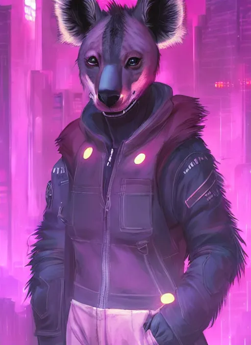 Prompt: beautiful portrait commission of a female furry anthro spotted hyena fursona wearing a police uniform. Cyberpunk city at night in the rain. Neon light. Atmospheric. Character design by charlie bowater, ross tran, artgerm, and makoto shinkai, detailed, inked, western comic book art