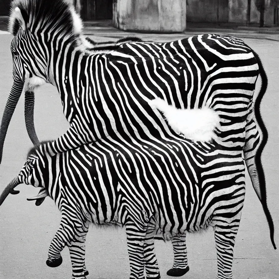 Prompt: photograph by daido moriyama, a tall fat zebra laughing at a short fat elephant with short legs, real fur, real feather, city,
