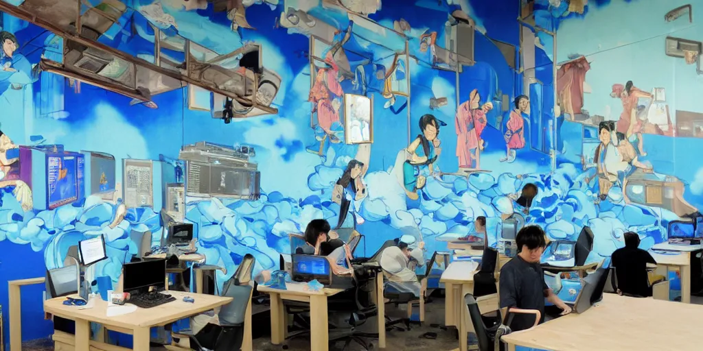 Image similar to a flickr screenshot of an abandoned internet cafe with a blue wall mural, and a japanese sign, with artworks of people playing on computers on the mural