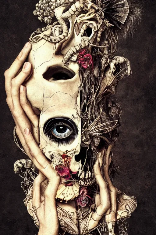 Prompt: Detailed maximalist portrait with large lips and with large eyes, sad expression, skeletal, HD mixed media, 3D collage, highly detailed and intricate surreal illustration in the style of Caravaggio, dark art, baroque