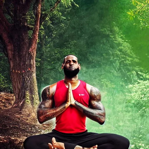 Prompt: lebron james doing yoga in the forest, realistic extremely detailed photo style painting, granular detail, holographic krypton ion, octane render, 4 k, f 3 2, 5 5 mm photography, wide angle