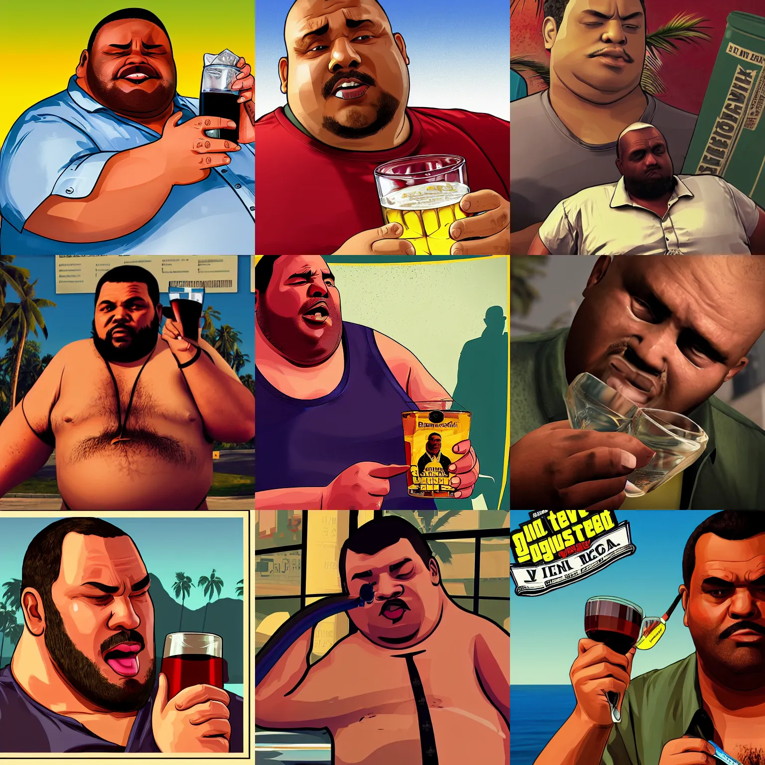 Prompt: Overweight man drinking rum, closeup, GTA V poster