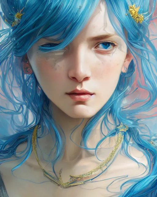 Prompt: Portrait of a blue haired Goddess, a spark of all creation in her hands, a tiny red dragonlet, intricate dress, wide angle, intricate, elegant, overdetailed, professional digital painting, artstation, concept art, smooth, sharp focus, 8K, art by artgerm and greg rutkowski and alphonse mucha and loish and WLOP