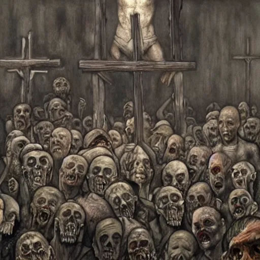 Image similar to a hyperrealistic painting of a large group of zombies watching the crucifixtion, by santiago caruso, highly detailed,