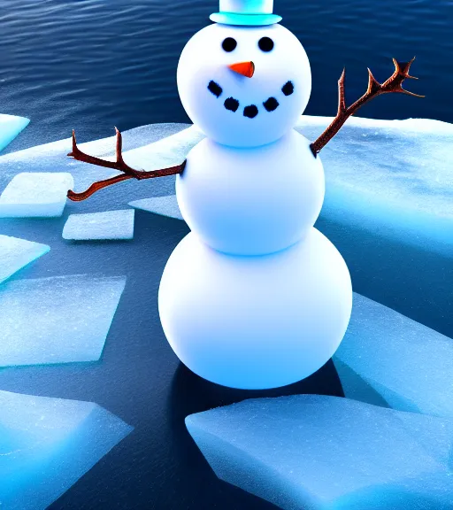 Image similar to snowman on floating ice, photo realistic image, super detailed, 4K,cinematic look